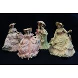 Four Coalport bone china figurines to include; 'Harvest Gold', 'A Stroll in Hyde Park',