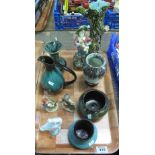 Tray of assorted china to include; Hummel figurines, continental figural spill vase,