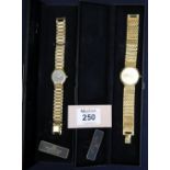 Two Raymond Dior gold plated quartz wristwatches, man's and lady's in original boxes. (2) (B.P.