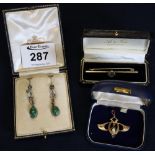 An Art Nouveau pendant, Art Deco brooch and marcasite earrings. (B.P. 24% incl.