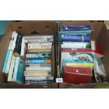 Two boxes of books, softbacks and hardbacks; Collins English Dictionary and Thesaurus,