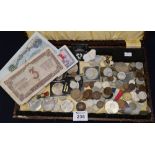 Cutlery box of assorted coins, bank notes, Coronation medals etc. Some silver. (B.P. 24% incl.