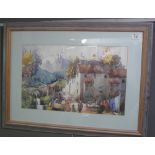 South American school, Andean village with figures, indistinctly signed Rafael, watercolours.