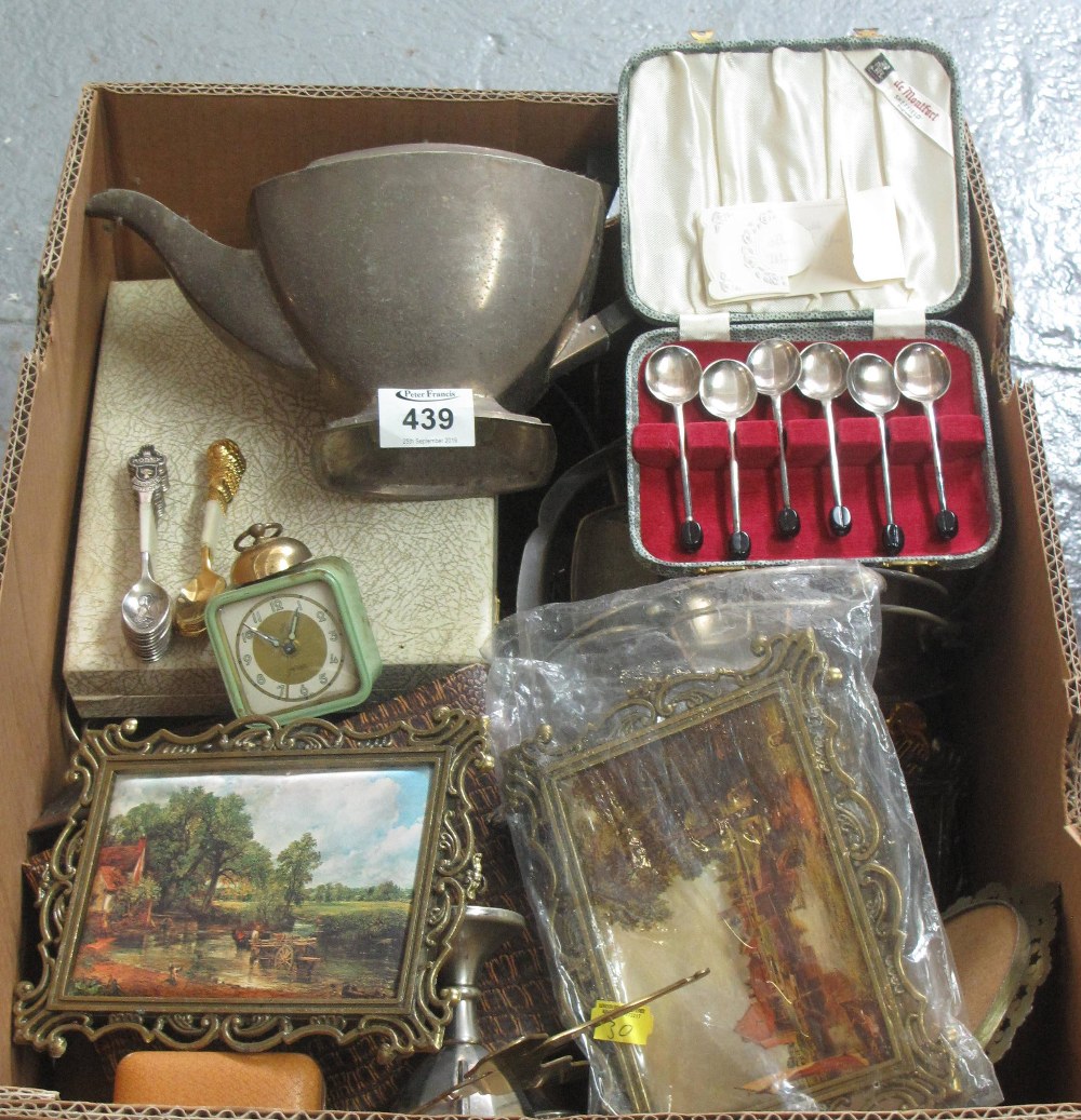 Box of assorted metalware, cased cutlery, picture frames etc. (B.P. 24% incl.