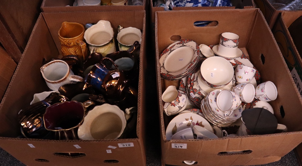 Two boxes of assorted china to include; copper lustre and other dresser jugs,