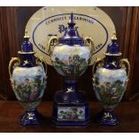 Early 20th century Staffordshire pottery vase garniture comprising central two handled vase on