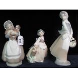 Three Nao Spanish porcelain figurines with goat and basket of flowers. (3) (B.P. 24% incl.