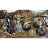 Tray of ceramic and other animals to include Crown Staffordshire blue tit, cats, other wild birds,