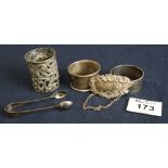 Silver repousse pierced collar, two napkin rings,