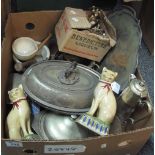 Box of assorted items to include a pair of modern Staffordshire style seated cats,