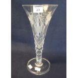 19th Century conical foliate etched glass flute with faceted stem on a circular base. (B.P.
