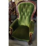 Victorian mahogany framed upholstered button back fireside armchair. (B.P. 24% incl.