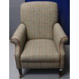 Modern good quality Tetrad Harris tweed armchair on square tapering legs and casters. (B.P.