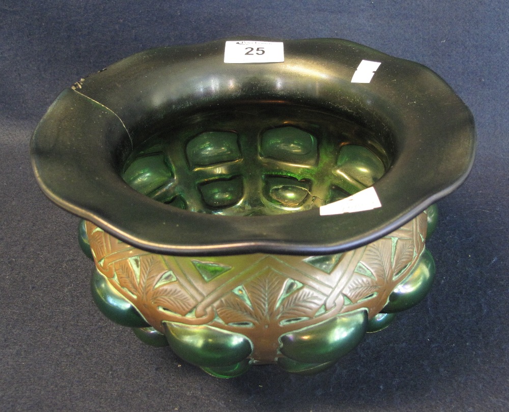 Late 19th Century Art Nouveau iridescent green glass and beaten copper pedestal bowl with bulbous