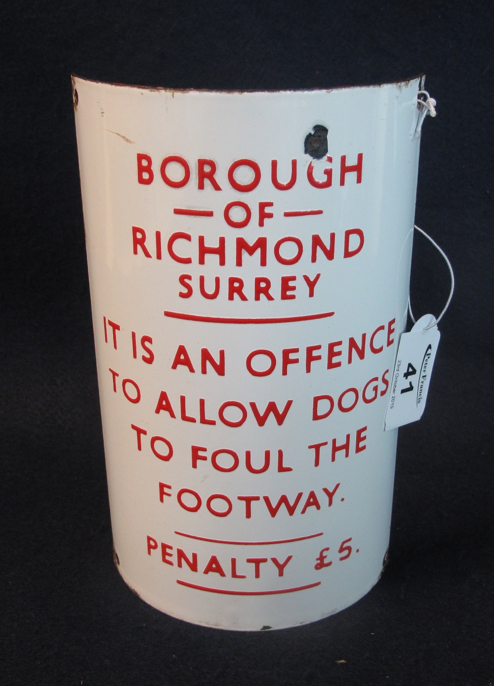 A small vintage enamelled warning sign probably from a lamp post 'Borough of Richmond Surrey,