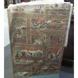 Bolt of waxed one sided fabric with a gold ground and various figures and classical scenes depicted.