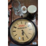 Tray of breweriana to include Guiness wall clock, sherry barrel by Wade, Heineken glass tankard,