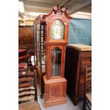Reproduction oriental hardwood longcase clock having moulded prunus blossom and bird design with