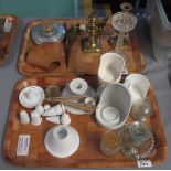 Two trays of assorted candlesticks, candle holders, taper sticks, match holder etc.