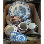 Box of assorted china to include Japanese Imari bowl and vase,