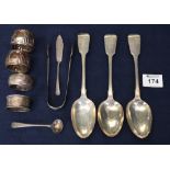 Three matching Georgian silver fiddle pattern tablespoons, silver butter knife, silver salt spoon,