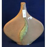 Modern stoneware flat diamond shaped decorative vase with relief band, signed 'Alka'. (B.P.