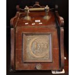 Edwardian mahogany fall front coal scuttle having brass panel of owls. (B.P. 24% incl.