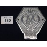 Vintage white metal AA badge no. V264225. (B.P. 24% incl.