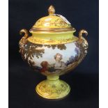 Continental porcelain two handled jar of baluster form with classical figurines and moulded foliate