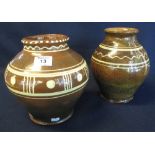 Two similar Ewenny pottery vases of baluster form with slip glazed abstract decoration,