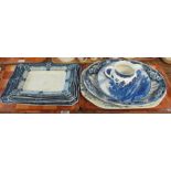 A set of five Burslem early 20th Century blue and white meat dishes of rectangular form,