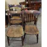 Four elm and oak bar back and spindle back farmhouse kitchen chairs, various. (4) (B.P. 24% incl.