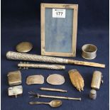 Bag of assorted silver and other items to include; parasol holder, vesta cases, napkin ring,