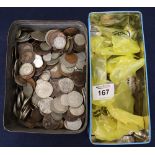 Cake tin containing assorted mainly GB coinage, silver and copper,
