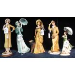 Five Capodimonte Italian figurines of ladies Edwardian/Art Deco period with umbrellas and dog.