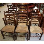 Set of five harlequin ladder back chairs with rush seats,