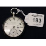 Silver engine turned key wind lever open faced pocket watch having Roman numerals and seconds dial