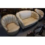 Early 20th Century upholstered two piece suite comprising double settee and armchair,