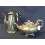 Sheffield pewter coffee pot of conical form with ebonised wooden handle,