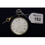 Silver engine turned open face key wind lever pocket watch with Roman numerals and seconds dial,