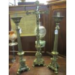 Brass altar set comprising crucifix with two brass supporting candles,