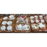 Three trays of Royal Albert old country roses bone china teaware and other similar items. (B.P.