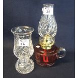 Small cranberry glass single chamber oil burner with cut glass shade,