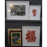 Three brightly coloured oriental paintings and three framed Chinese paper cut type pictures. (6) (B.