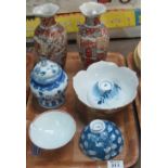 Tray of Oriental porcelain to include four Japanese bowls, polychrome lotus bowl,
