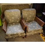 Early 20th Century single cane bergere upholstered suite comprising;