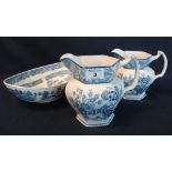 Two graduated blue and white transfer printed pouch shaped dresser jugs by Woods ware in the