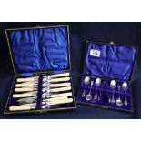 Cased set of silver shell design coffee spoons with matching sugar tongs, Birmingham hallmarks.