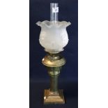 Early 20th Century brass double burner oil lamp with brass column on square stepped base,