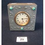 Art Nouveau pewter German mantel clock of square form with turquoise cabochon inlaid stones,